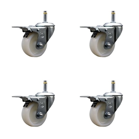 Service Caster 3'' Nylon Swivel 7/16'' Grip Ring Stem Caster Set with Total Lock Brake, 4PK SCC-GRTTL20S314-NYS-716138-4